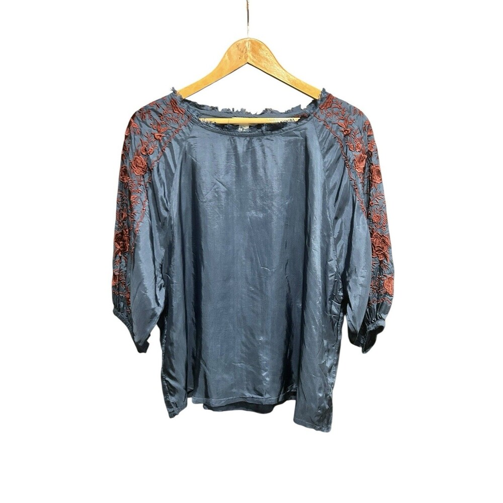 Sundance Parlor Blooms Float Blouse Size Petite Medium Oasis Blue Embroidered - Picture 2 of 7